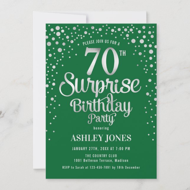 Surprise 70th Birthday Party - Silver & Green Invitation (Front)