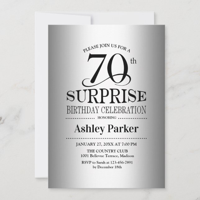 Surprise 70th Birthday Party - Silver Invitation (Front)