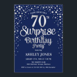 Surprise 70th Birthday Party - Silver & Navy Blue Invitation<br><div class="desc">Surprise 70th Birthday Party Invitation.
 Elegant design in navy blue and faux glitter silver. Features stylish script font and confetti. Message me if you need custom age.</div>