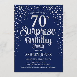 Surprise 70th Birthday Party - Silver & Navy Blue Invitation