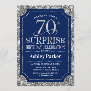 Surprise 70th Birthday Party - Silver Navy Blue Invitation