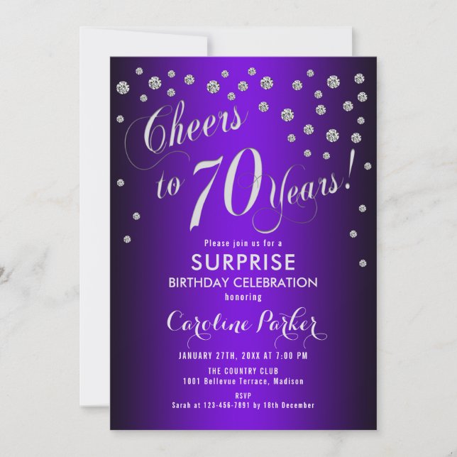 Surprise 70th Birthday Party - Silver Purple Invitation (Front)