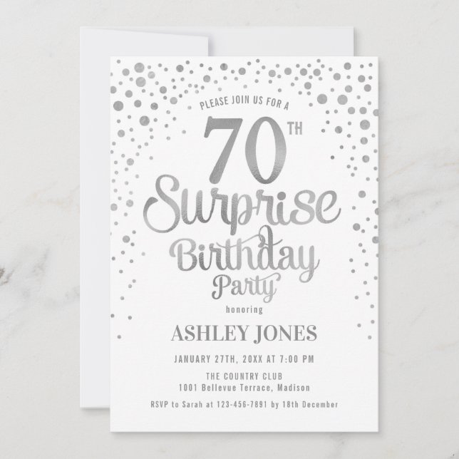 Surprise 70th Birthday Party - Silver & White Invitation (Front)