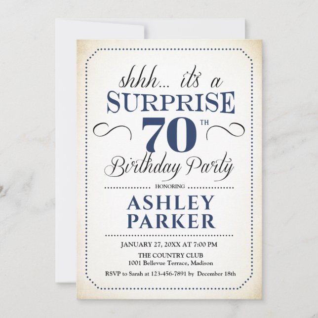 Surprise 70th Birthday Party - White Navy Invitation (Front)