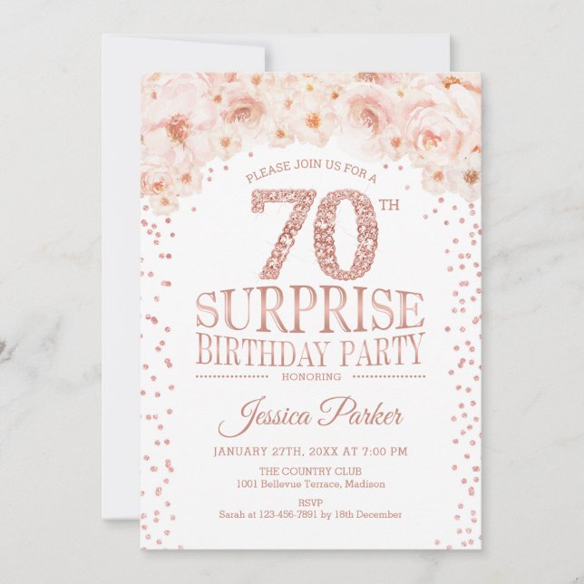 Surprise 70th Birthday Party - White Rose Gold Invitation (Front)