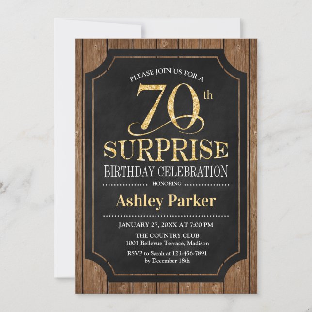 Surprise 70th Birthday Party - Wood Gold Invitation (Front)