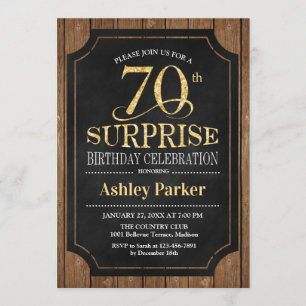 Surprise 70th Birthday Party - Wood Gold Invitation