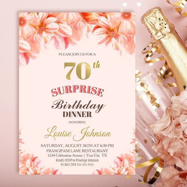 Surprise 70th Birthday Pink Gold Floral Dinner Invitation (Creator Uploaded)