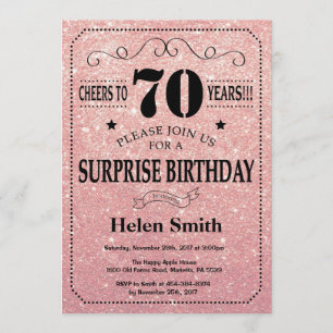 Surprise 70th Birthday Pink Rose Gold Glitter Invitation