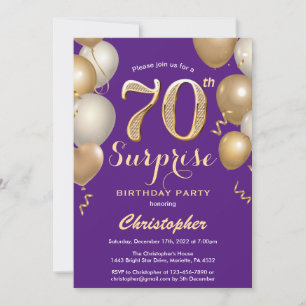 Surprise 70th Birthday Purple and Gold Balloons Invitation