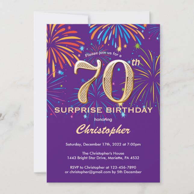 Surprise 70th Birthday Purple and Gold Firework Invitation (Front)