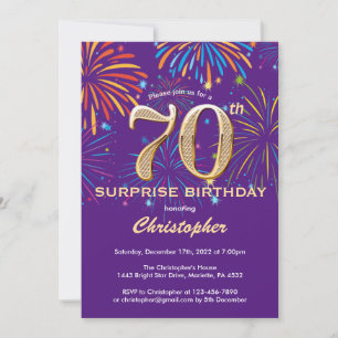 Surprise 70th Birthday Purple and Gold Firework Invitation