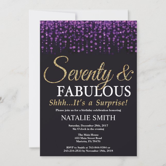 Surprise 70th Birthday Purple and Gold Glitter Invitation (Front)