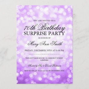 Surprise 70th Birthday Purple Gold Glitter Lights Invitation