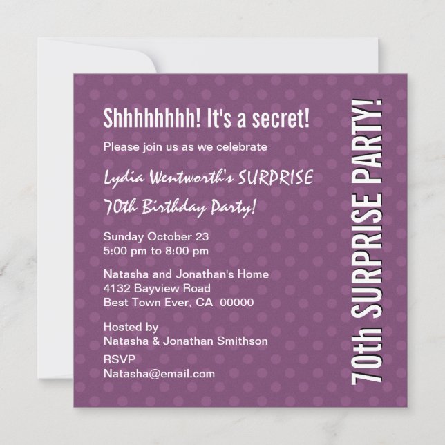 SURPRISE 70th Birthday Purple Polka Dots Y323 Invitation (Front)