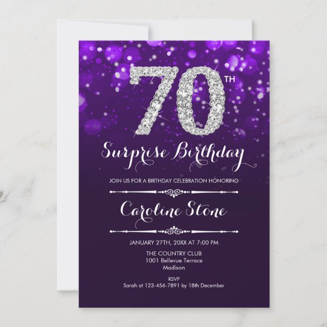 Surprise 70th Birthday - Purple Silver Invitation (Front)