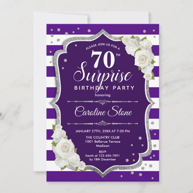 Surprise 70th Birthday - Purple Silver White Invitation (Front)