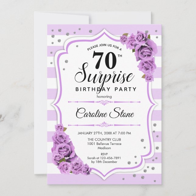 Surprise 70th Birthday - Purple White Invitation (Front)