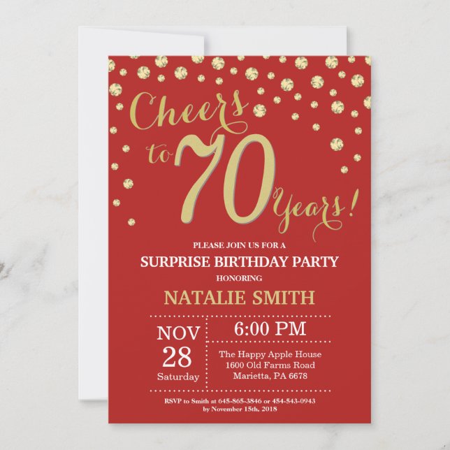 Surprise 70th Birthday Red and Gold Diamond Invitation (Front)