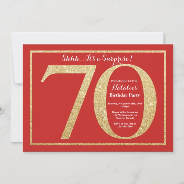 Surprise 70th Birthday Red and Gold Glitter Invitation (Front)