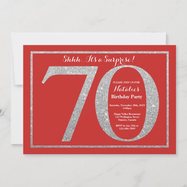 Surprise 70th Birthday Red and Silver Glitter Invitation (Front)