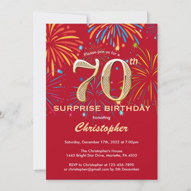 Surprise 70th Birthday Red & Gold Rainbow Firework Invitation (Front)