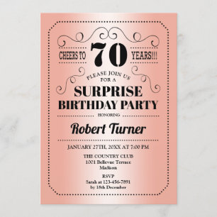 Surprise 70th Birthday - Rose Gold Black Invitation