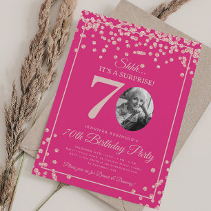 SURPRISE 70th Birthday Rose Gold Confetti Hot Pink Invitation