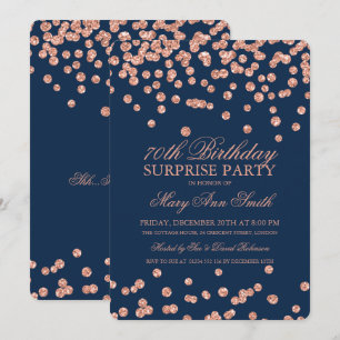 Surprise 70th Birthday Rose Gold Glitter Navy Blue Invitation