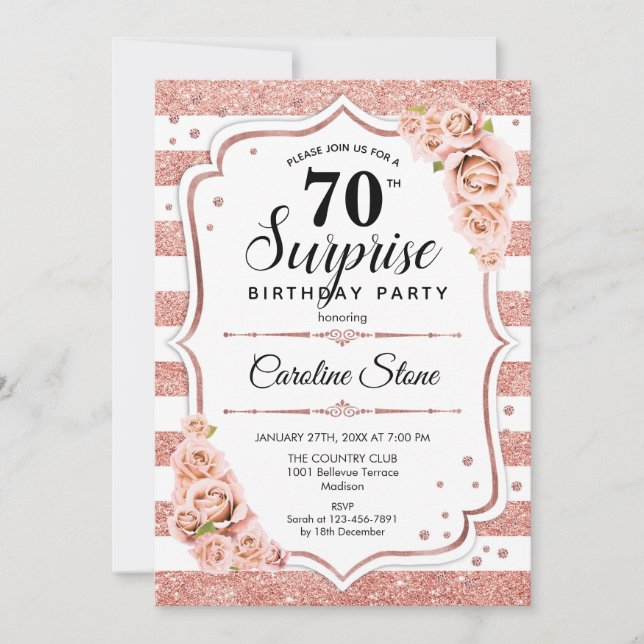 Surprise 70th Birthday - Rose Gold White Pink Invitation (Front)