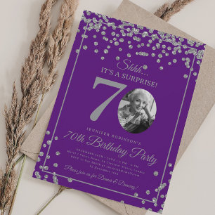 SURPRISE 70th Birthday Silver Confetti Purple Invitation