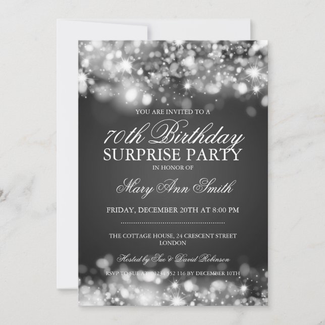 Surprise 70th Birthday Silver Sparkling Lights Invitation (Front)