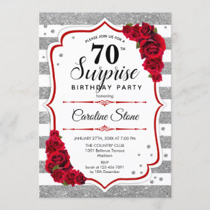 Surprise 70th Birthday - Silver White Red Invitation