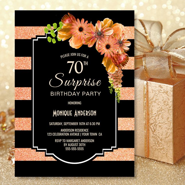 Surprise 70th Birthday Striped Coral Floral Invitation (Creator Uploaded)