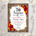 Surprise 70th Birthday - Sunflowers Rustic Wood Invitation<br><div class="desc">Surprise 70th Birthday Invitation.
Feminine rustic black,  white,  red design with faux glitter gold. Features wood pattern,  red roses,  sunflowers,  script font and confetti. Perfect for an elegant birthday party. Can be personalized to show any age. Message me if you need further customization.</div>