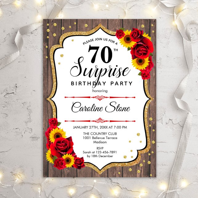 Surprise 70th Birthday - Sunflowers Rustic Wood Invitation (Creator Uploaded)