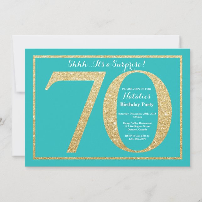 Surprise 70th Birthday Teal and Gold Glitter Invitation (Front)