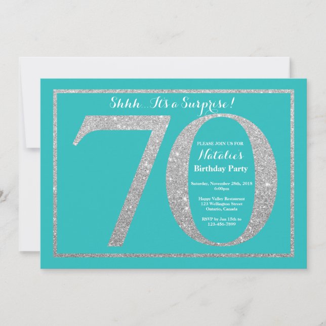 Surprise 70th Birthday Teal and Silver Glitter Invitation (Front)