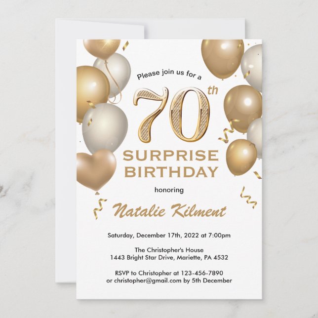 Surprise 70th Birthday White and Gold Balloons Invitation (Front)
