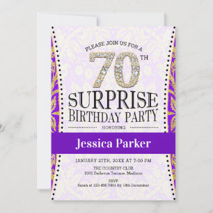 Surprise 70th Birthday - White Gold Purple Invitation