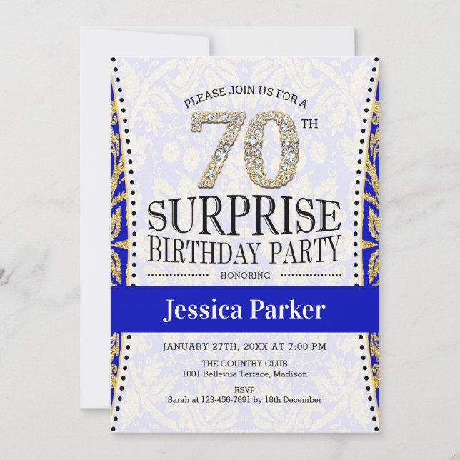 Surprise 70th Birthday - White Gold Royal Blue Invitation (Front)