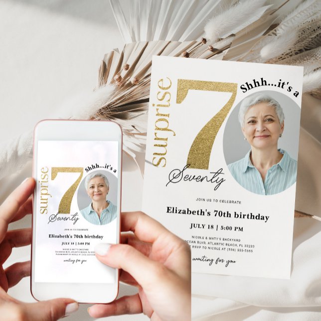 Surprise 70th Gold Birthday Invitation with Photo (Creator Uploaded)