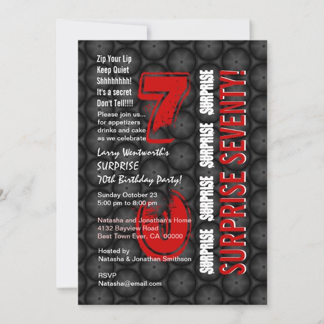 SURPRISE 70th Modern Birthday Red Black Circles Invitation (Front)