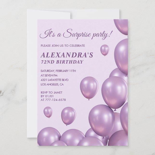 Surprise 72nd birthday invitations Purple Balloons (Front)