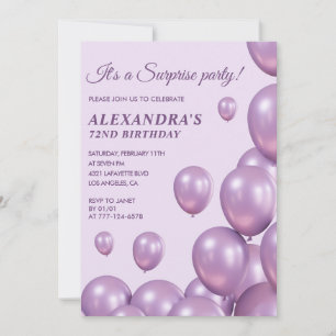 Surprise 72nd birthday invitations Purple Balloons