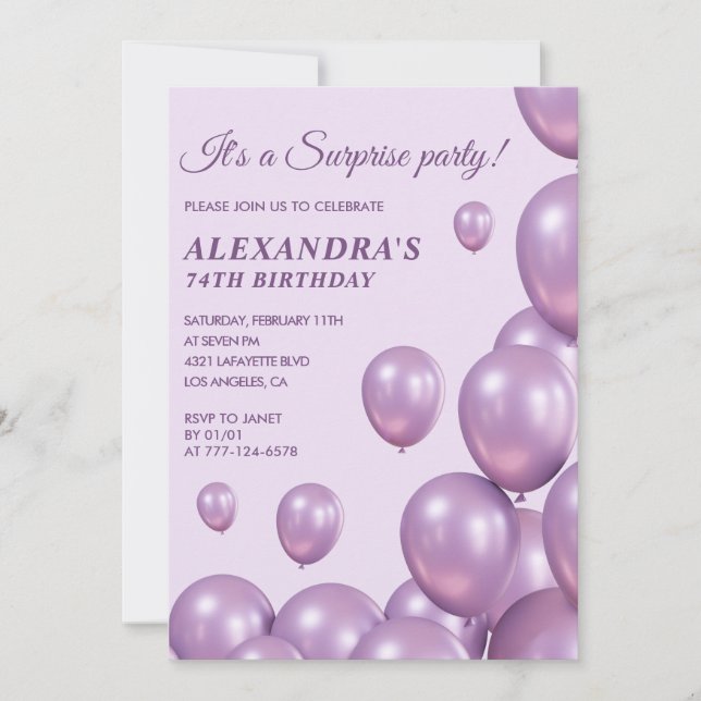 Surprise 74th birthday invitations Purple Balloons (Front)