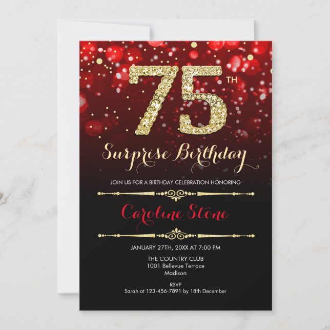 Surprise 75th Birthday - Black Red Gold Invitation (Front)