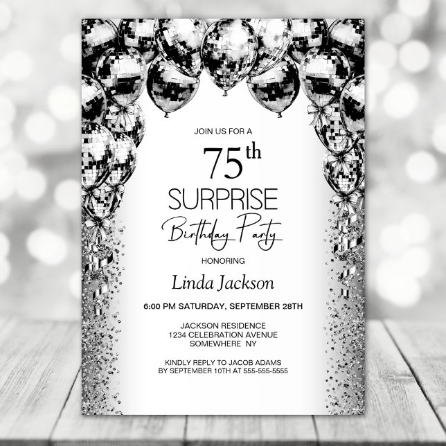 Surprise 75th Birthday Black White Balloons Party Invitation (Creator Uploaded)