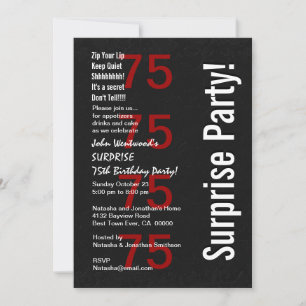 SURPRISE 75th Birthday Black White Red v2 Invitation