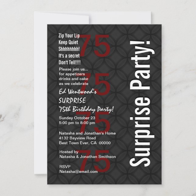 SURPRISE 75th Birthday Black White Red v3 Invitation (Front)